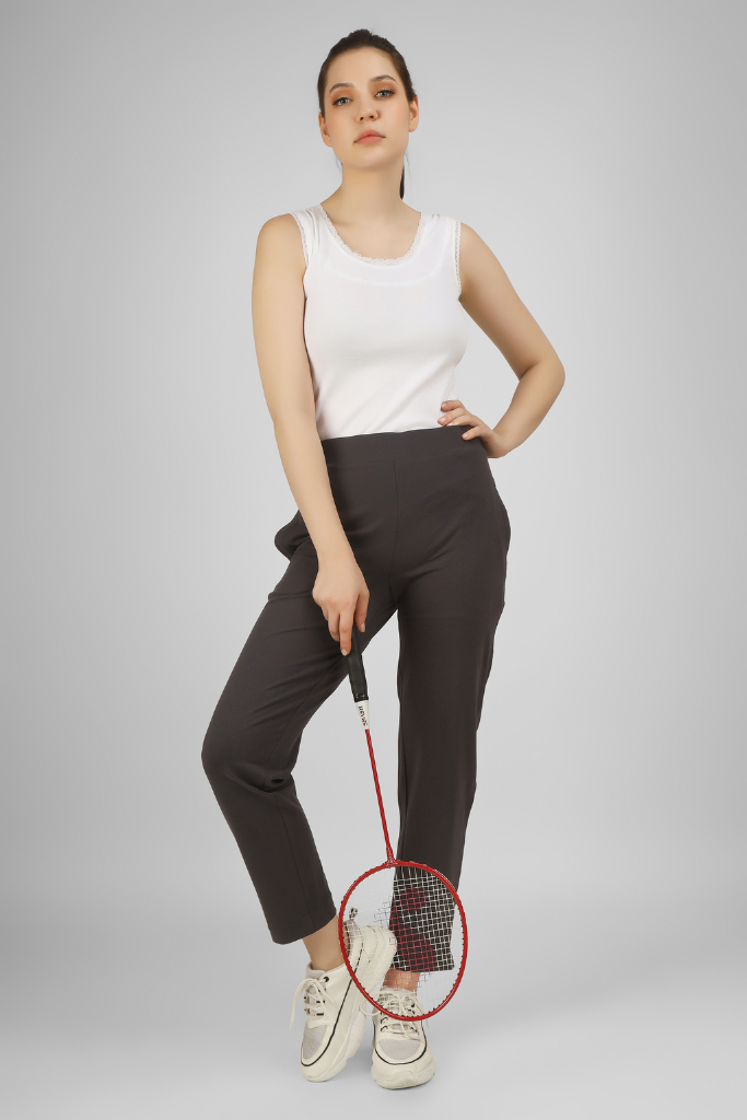 Charcoal-colored travel pants for ladies with convenient side pockets