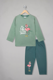 Adorable green flamingo pyjama set with full sleeves for girls, perfect for comfortable and stylish nights