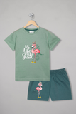 Vibrant green flamingo shorts set for girls, a playful and trendy choice for comfy nights and lounging.