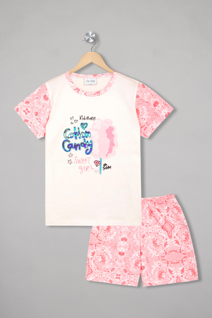 Breezy pink sugar rush shorts set for girls, exuding a delightful blend of style and comfort in their nightwear wardrobe.