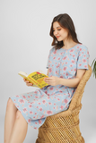Blue Zen Short Nighty: Soft nightwear with beautiful leaf print in lovely blue color for a comfortable sleep.