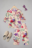 Cream Blossom Flock Kurta Pyjama Set for kids - Floral print nightwear with birds, round neckline, kurta placket, soft cotton.
