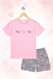 Upgrade your sleepwear with our Pink Butterfly Shorts Set - soft pink top with applique and grey shorts with all-over print. 